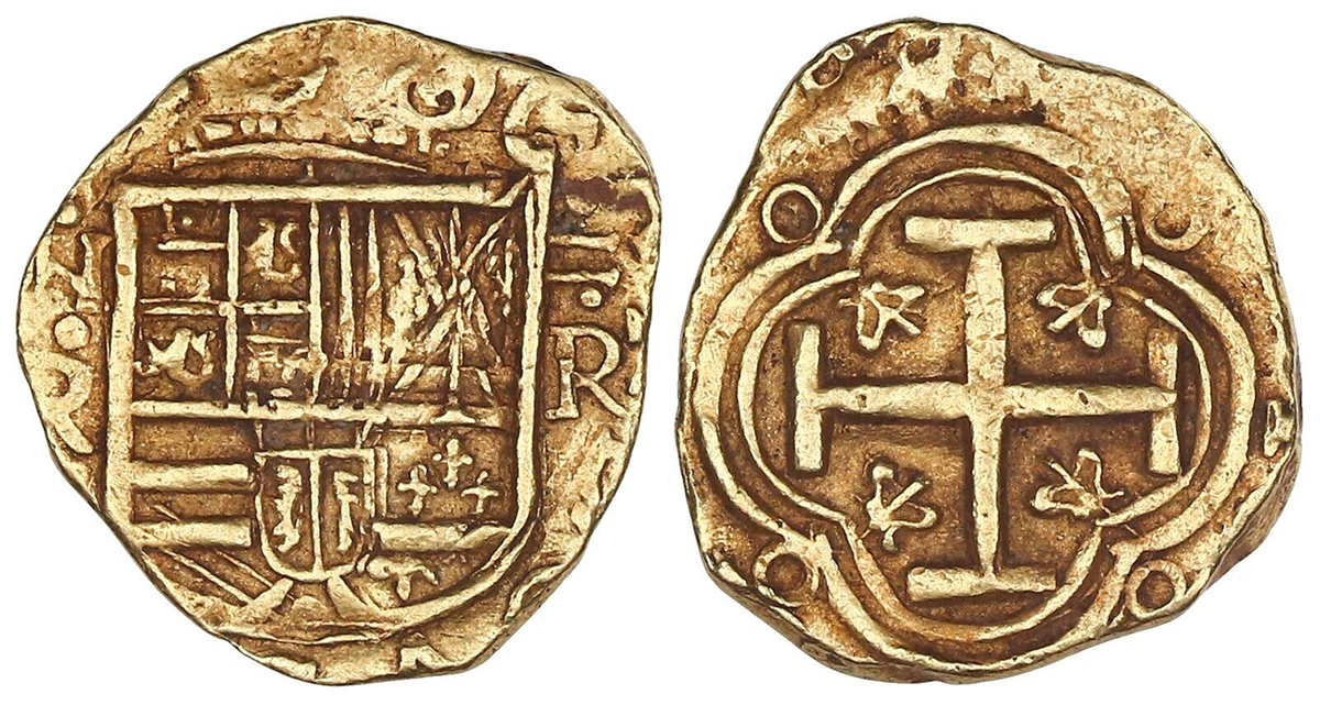 COLOMBIA, Bogota, gold cob 2 escudos, Philip IV, assayer R to right (ca. 1650).