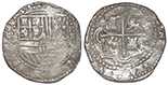 Potosi, Bolivia, cob 2 reales, Philip III, assayer curved-leg RL, Grade 2.