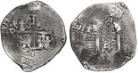 Potosi, Bolivia, cob 8 reales, 1655 E, PH at top, 8 above cross.