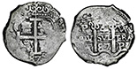 Potosi, Bolivia, cob 4 reales, 1687 VR. Choice and well-centered pillars and cross with two clear dates, lightly toned AVF. 