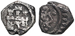 Bogota, Colombia, cob 1/4 real, Philip IV, no assayer (1649-65), castle with tilted doorway / ball-tailed lion, ring-inside-dots borders. Restrepo-M14.1; KM-unl; Cal-530. 1.02 grams. Good full castle, clear but off-center lion, toned VF with light surface porosity (still overweight). 