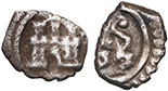 Bogota, Colombia, cob 1/4 real, Philip IV, no assayer (1649-65), castle with tilted doorway / ball-tailed lion, ring-inside-dots borders. Restrepo-M14.1; KM-unl; Cal-530. 0.69 gram. Bold full castle, bold but off-center lion, toned VF+ with very light surface porosity. 