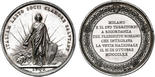 Rome, Italy, silver medal commemorating the capture of Rome and the unification of Italy, MDCCCLXX (1870), by F. Broggi and L. Seregni, rare. 125.77 grams; 62 mm. Obverse: Italia holding the shield a Savoy with broken chains at her feet and a radiant rising sun behind, the she-wolf nursing Romulus and Remus nearby with St. Peter's in the background, ITALIAM LAETO SOCII CLAMORE SALVTANT abover and S.P.Q.R below with C. IN.DUNO DIS. / BROGGI E SEREGNI INC.; Reverse: MILANO / E IL SVO TERITORIO / A RICORDANZA / DEL PLEBISCITO ROMANO / CHE INTEGRAVA / LA VNITA NAZIONALE / IL II DI OTTOBRE / MDCCCLXX encompassed with intricate border and flanked by the shields of Milan, Abbiategrasso, Gallarate, Lodi, and Monza. Very rare, the first we have seen in silver.