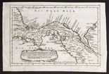 German copperplate-engraved map of Panama by Jacques Nicolas Bellin (1754), reprint ca. 1758. 8-3/4" x 13-1/4". View of Panama reprinted in the German edition of Prevost d'Exiles' "Histoire General des Voyages." Very good condition with bold black ink design, light water stains, minor handling marks.