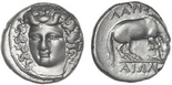 Thessaly, Larissa, AR didrachm, 350-325 BC. BCD Thessaly II 316-319. 5.93 grams. Head of the nymph Larissa facing slightly left, with hair in ampyx / Horse right, preparing to lie down. AU, choice example with luster and especially well-struck bust and smooth fields.