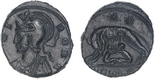 Commemorative Series. AD 330-354. Æ). VRBS ROMA, helmeted and mantled bust of Roma left / She-wolf standing left, head right, suckling the twins Romulus and Remus; two stars above