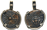 Ancient Judaea, copper "widow's mite" (prutah), Alexander Jannaeus (103-76 BC), choice specimen, wire-mounted STAR-side out in 14K gold pendant. Approx 3.0 grams total. Upside-down anchor within a circle and legend reading BASILEWS ALEXANDPOY (King Alexander) / eight-ray star surrounded by a diadem (solid circle). Very popular as one of the smallest-denomination coins used during the time of Christ and referred to in the Bible (Mark 12: 41-44). 