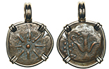 Ancient Judaea, copper "widow's mite" (prutah), Alexander Jannaeus (103-76 BC), choice specimen, wire-mounted STAR-side out in 14K gold pendant. Approx 3.0 grams total. Upside-down anchor within a circle and legend reading BASILEWS ALEXANDPOY (King Alexander) / eight-ray star surrounded by a diadem (solid circle). Very popular as one of the smallest-denomination coins used during the time of Christ and referred to in the Bible (Mark 12: 41-44). 