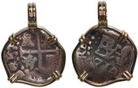 Lima, Peru, cob 1/2 real, 1710, mounted cross-side out in 14K gold bezel with fixed bail.
