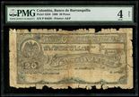 Barranquilla, Colombia, Banco de Barranquilla, 20 pesos, 26-7-1900, series P, serial 05638, PMG Good 4 net / paper damage, tape repairs. SCWPM-S258, DP-7497. Very rare note from this issuer and in a typical condition for Colombian bills of this time period. Notes from Colombian private banks in the early 1900s traded often and were printed on sub-par paper, hence most rare types are seen with heavy circulation. PMG holder notes paper damage and tape. Still possesses colorful ink, the serial and signatures faded yet with serial number fully visible. One of just two in the PMG census, the other being a Fine 12 example. Comparable in quality to the example sold in Lyn Knight's 2015 Memphis sale for $1,416 all in. PMG #8044294-013.
