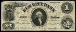 New Haven, Connecticut, Elm City Bank, $1, Oct. 20, 1855, serial 9228, extremely rare. Haxby-CT275C2. A very rare note in any form; a status only reinforced by Haxby stating, "Surviving Example Not Confirmed." Likewise, PMG has yet to grade an issued example of this denomination. The Elm City Bank of New Haven became the Second National Bank of New Haven in 1864; redemption of the Elm City Bank notes, in addition to usual loss or destruction, resulted in this important obsolete rarity. VF with bold signatures and serial, upper left corner missing, mounting remnants on the back.