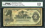 Haiti, Republique d'Haiti, 2 gourdes, 22-12-1914, certified PMG Fine 12. SCWPM-132a. Series AA, serial 195094. Moderate circulation wear, common for Haitian notes of the time period, but overall intact paper quality. PMG #1743585-004.
